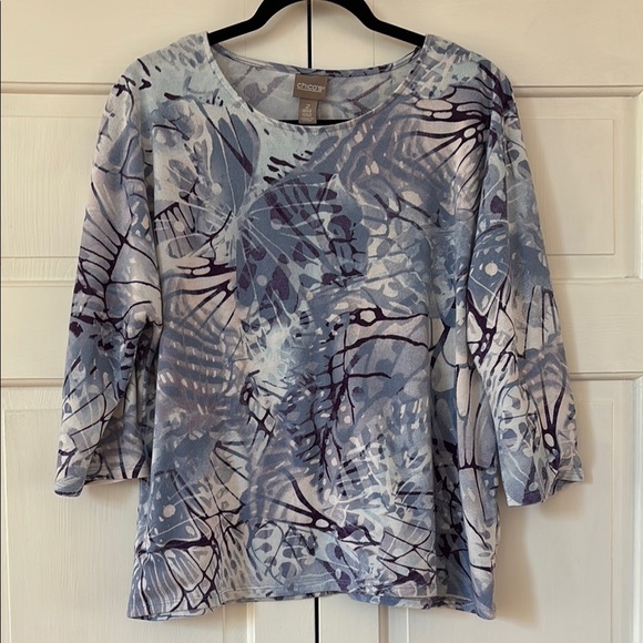 Chico's Size 2 Blue Purple Knit 3/4 Sleeve Boxy Abstract Blouse Chico Size Large - Picture 8 of 12